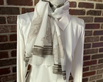 Vintage Sheer Floral Scarf, Neutral Leaf Print Scarf, Soft Botanical Wrap, Cottagecore Style