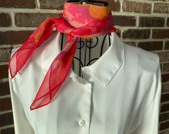 70s Floral Chiffon Scarf: Retro Neon Red Pink Square Scarf