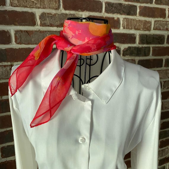 Vintage Retro Neon Red Pink Floral Scarf – 70s Style Sheer Square in Yellow, Orange & White