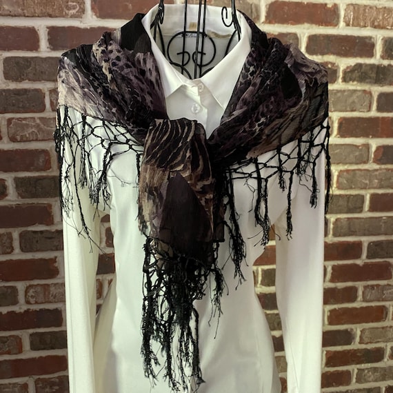 Vintage Jungle Print Silk Shawl – Boho Gypsy Wrap, Black & Brown Crepe, Diamond Knot Fringe