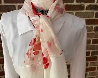 Vintage White Silk Scarf: Red Cherry Floral Damask, Sheer Romantic Scarf