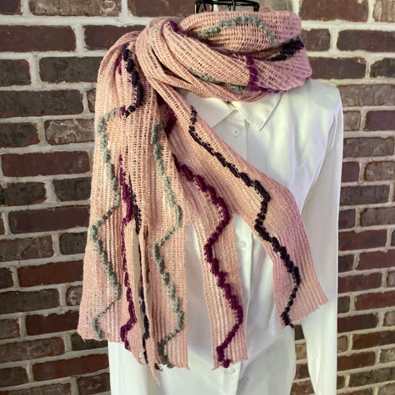 Antique Rose Open Weave Knitted Scarf, with a Fat Yarn Embroidery Pattern