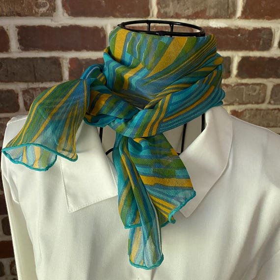 Vintage 70s Brooklyn Mod Striped Silk Scarf, Retro Oblong Neck Scarf in Teal, Green & Yellow