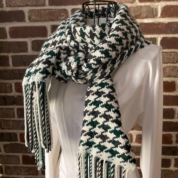 Houndstooth Wool Cashmere Green, Black and White Shawl Cozy Soft Scarf Preppy Style with Long Fringe Ends By Banana Republic