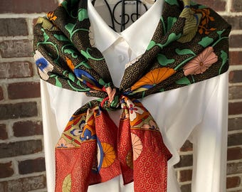 Vintage Japanese Silk Scarf: Abstract Floral Design, Gold Scroll Luxe Statement