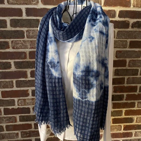 Blue Tie Dye Basketweave Scarf, Extra Long, Lighting Print