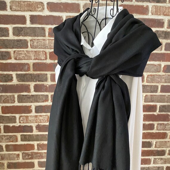 Vintage Black Pashmina Style Scarf with Fringe ends, Shawl
