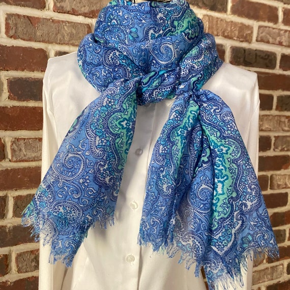 Vintage Italian Style Periwinkle Blue Paisley Scarf with Frayed Fringe