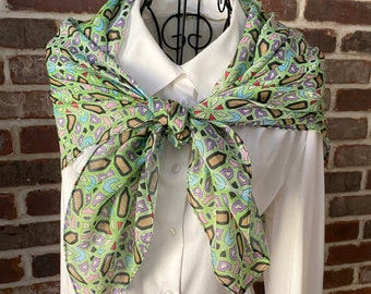 Celtic Green Geometric Print Square Scarf, Wearable Art Scarf, Hand Colored Made by ElectrickInk