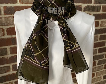 Vintage Mid-Century Sheer Scarf, Smokey Brown Geometric Chiffon 70s Fashion Scarf