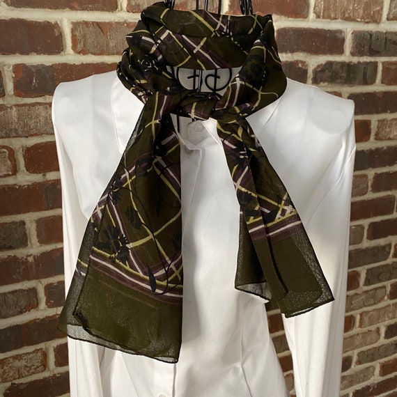 Vintage Mid-Century Sheer Scarf, Smokey Brown Geometric Chiffon 70s Fashion Scarf