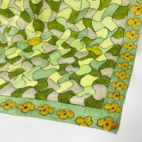Chartreuse Puzzle Silk Twill Scarf, Abstract Oversized Floral Print Silk Scarf, Wearable Art Scarf By ElectrickInk Original Design Scarf