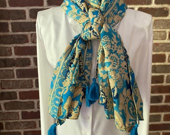 Boho Turquoise & Beige Floral Extra Large Scarf | Gold Foil Accent Sarong Beach Geometric Wrap