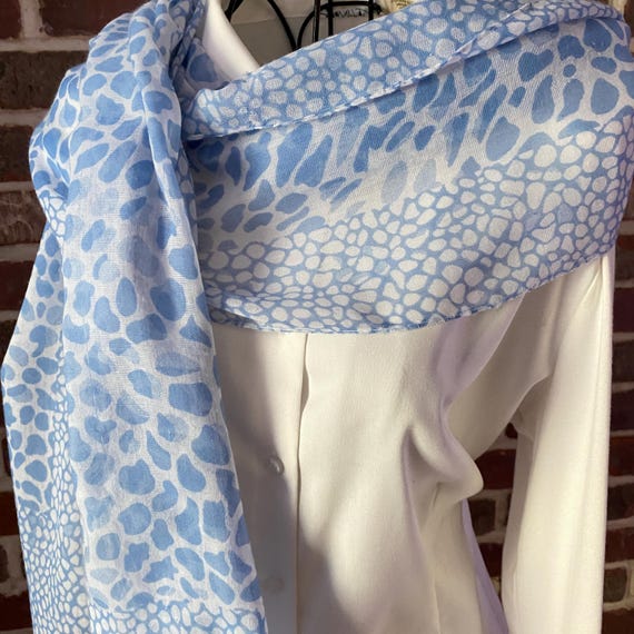 Vintage Blue Pebbles Scarf, Blue and White Print Scarf, Extra Long Bam Bam Scarf, Light Weight Scarf