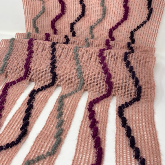 Antique Rose Open Weave Knitted Scarf, with a Fat Yarn Embroidery Pattern