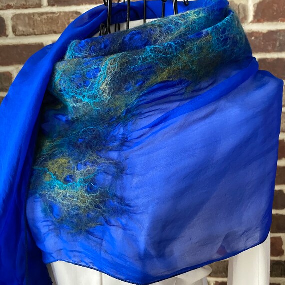 Vintage Christa Louise Handmade Silk Scarf, Eclectic Peacock Textured Scarf, Ruching, Cobalt Silk Shawl, Lightweight Scarf