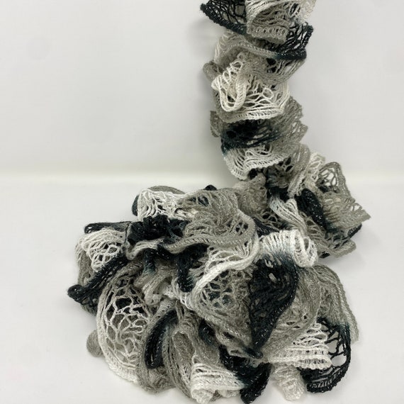Vintage Crochet Ruffle Scarf, Black, White, Grey … - image 9
