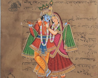 Handmade  Radha krishna indian art mineral color painting