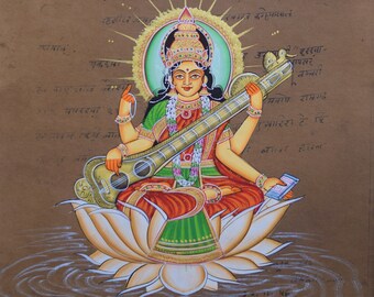 Handmade indian goddess Saraswati maa mineral color painting-home decor-living room decor-indian gods