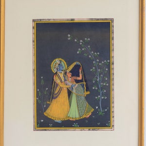 Pintura de Radha Krishna hecha a mano: arte hindú vintage (37,5 x 29,5 cm)