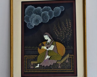 Tenture murale belle dame sombre nuit nuageuse miniature art peinture salon décor peinture femmes art encadré peinture-femme indienne