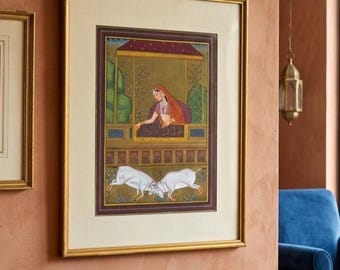 インドの細密画：鹿と女性、自然アート（10.5x13.5インチ） - Etsy 日本