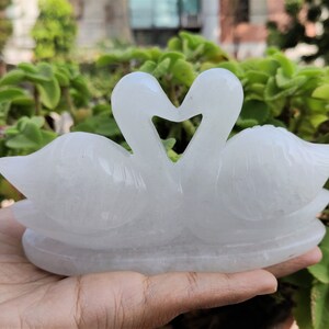 Swan statue Handmade Rainbow moonstone swan couple  figurine  stone swans couple gift