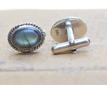 Boutons De Manchette Artisanaux En Argent 925 Avec Labradorite - Style Torsadé Bohème - Neuf Sans Emballage
