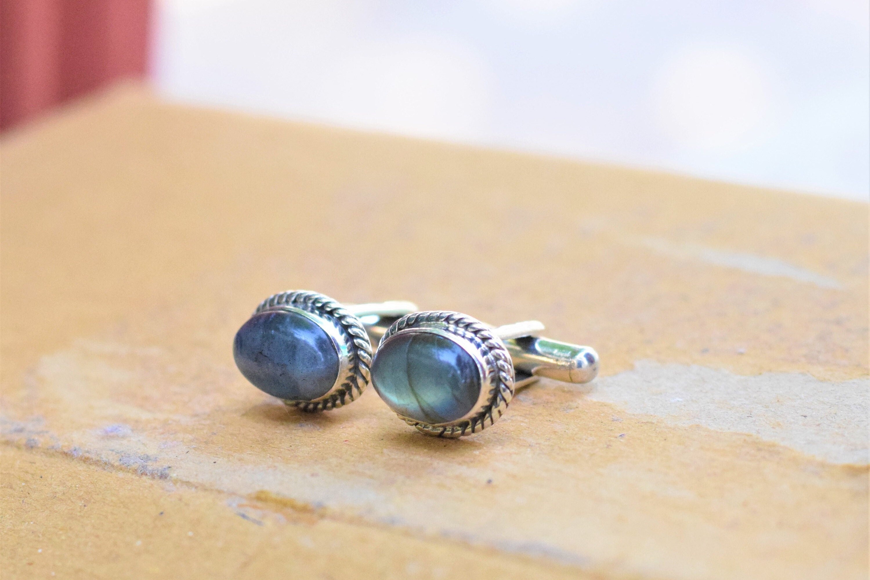 Boutons De Manchette Artisanaux En Argent 925 Avec Labradorite - Style Bohème, Fabriqués En Inde