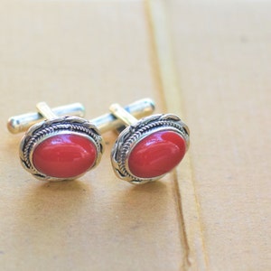 Big Handmade Coral stone cufflinks in silver cufflinks silver buttons fathers day gift