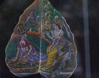 Handmade leaf Radha krishna miniature painting art on leaf painting on leaf