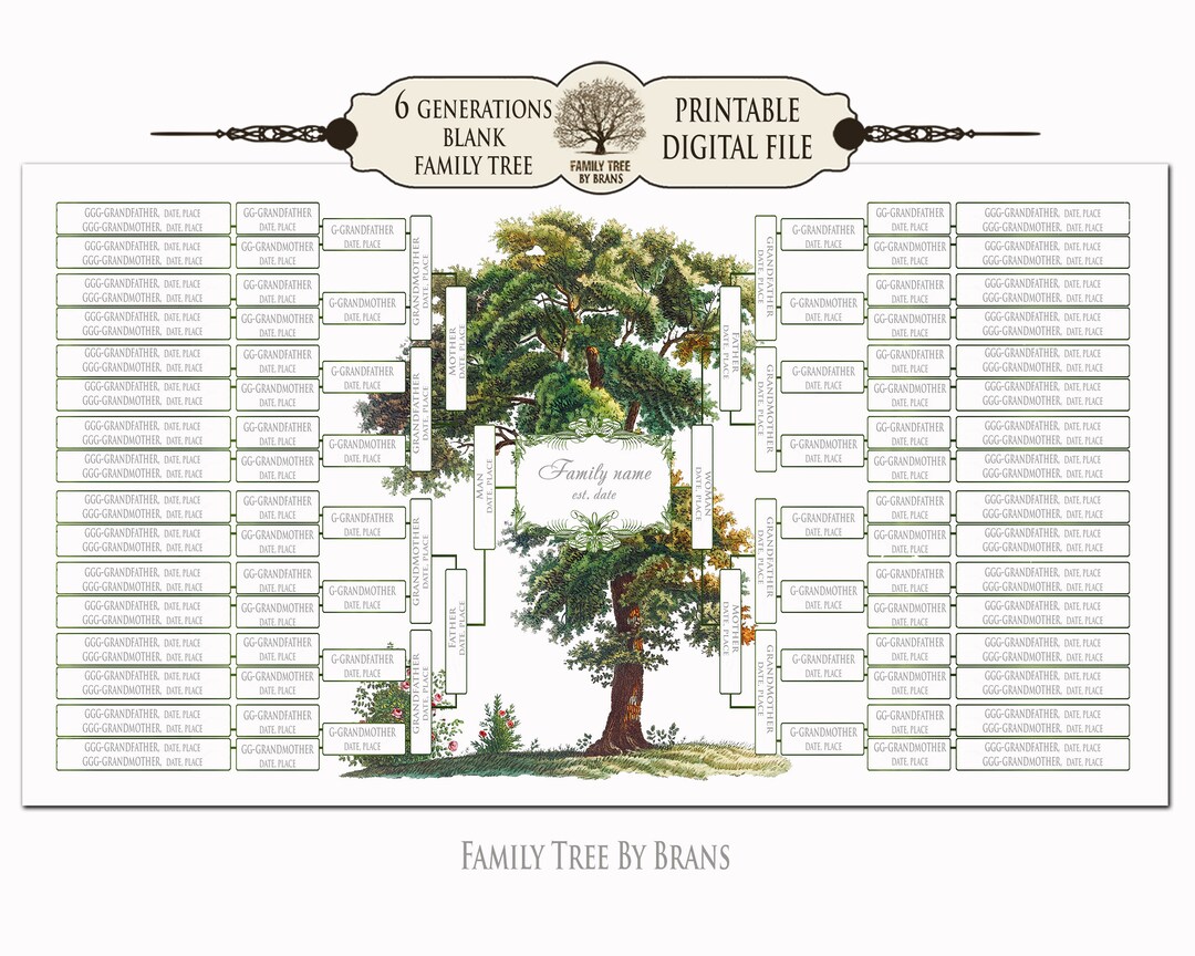 6 Generation BLANK FAMILY TREE Green Family Tree Wall Art 26x10" Family Tree Chart Printable ...