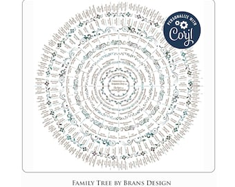 Blue brown grey ancestry family tree template chart 8 generations 30x30 inches Genealogy Diy gift Blank template Pedigree Printable wall art