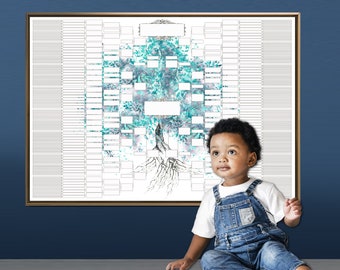 Easy to fill in family tree template. Fillable family tree chart for 8 generations. Instant download family tree art