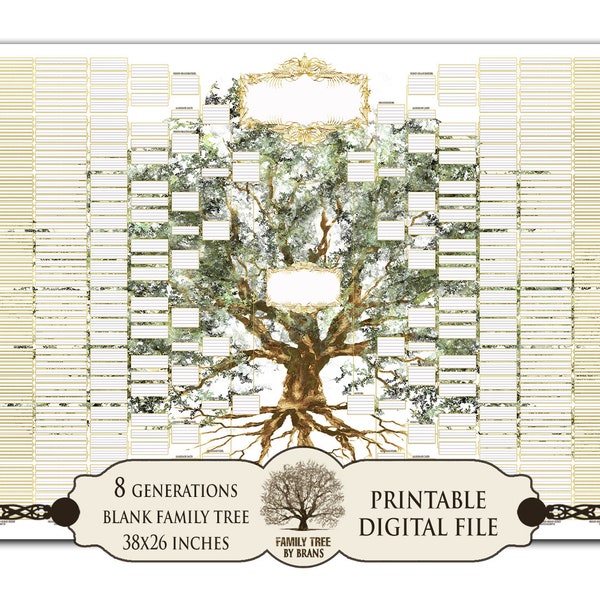 38x26 large 8 generations family tree printable digital file, Royal gold family tree ten generations, Large family tree wall art