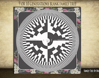 Christmas gift 9 or 10 generations family tree. Printable black and white wall decor. Royal gold family tree. Custom gift for parents.