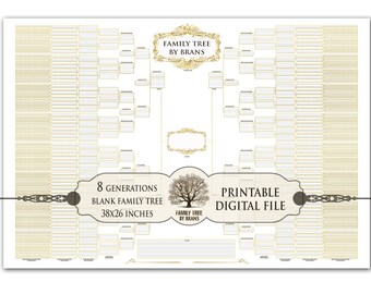 38x26 large 8 generations family tree printable digital file, Royal gold family tree ten generations, Large family tree wall art