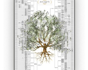 Premium large family tree reduced to the compact, standard frame size family tree. Boxes for future updates. Digital file family tree.