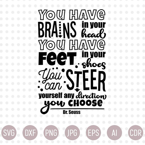 You Have Brains in Your Head, Dr. Seuss Educational Quote Svg, Teaching Quote, Life Quote Svg, Educational Typography Quote, Cut Svg Files