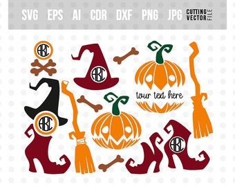 Halloween Svg, Halloween Monogram Bundle, Halloween Clipart, Halloween Design, Witch Hat Svg,  Pumpkin Svg, Monogram Svg