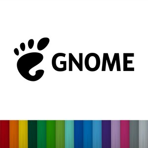 Op de afbeelding: Een zwart logo met een gestileerde voetafdruk en het woord "GNOME" in vette, zwarte letters. Het logo staat op een witte achtergrond. Onderaan een rij kleurrijke verticale strepen in verschillende kleuren.