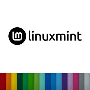 Puede incluir: El logotipo de Linux Mint presenta un círculo negro con una 'm' blanca estilizada en su interior, junto al texto 'linuxmint' en negro. La imagen tiene un fondo blanco y una fila de rayas verticales de colores en la parte inferior.