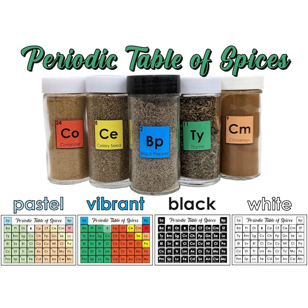 Tableau périodique des épices - Étiquettes de pots à épices, feuille d'autocollants carrés en vinyle de 2,5 cm (1 po.)
