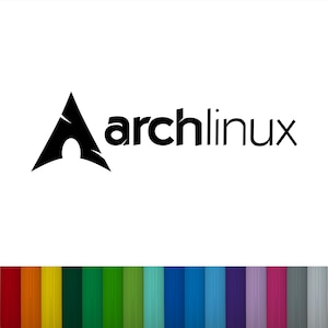 Peut inclure: Logo Arch Linux noir et blanc avec un design de flèche stylisée et le texte "archlinux". Le logo est sur fond blanc, avec une rangée de rayures colorées en bas.