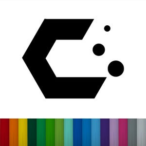 May include: A black geometric logo featuring a stylized hexagon shape with three black circles. The logo is set against a white background. A row of colorful vertical stripes is at the bottom.