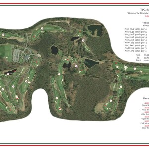 May include: An aerial view of a golf course with green grass and water features. The course is surrounded by trees and is labeled "TPC Boston" and "Home of the Deutsche Bank Championship". The course is also labeled with the numbers 1 through 18, indicating the holes. The image also includes a list of Deutsche Bank Champions from 2003 to 2014.