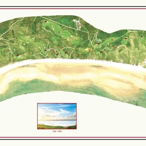 May include: A map of the Doonbeg Golf Club in Ireland. The map shows the layout of the golf course, including the greens, fairways, and bunkers. The map also includes a picture of the ocean and a beach.