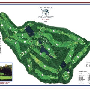 May include: A detailed map of The Course at Yale University, labeled "Bulldog" 1926. The course layout is green with numbered holes, water features, and surrounding trees. Text details the course's history and yardage.