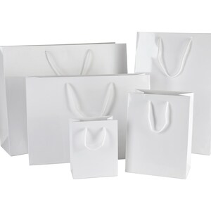 May include: Five white paper gift bags of varying sizes with white rope handles.