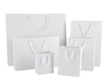White Matt Laminated Gift Bags with Rope Handles, Luxury Boutique Bags for Weddings, Retail & Events, 7 Sizes